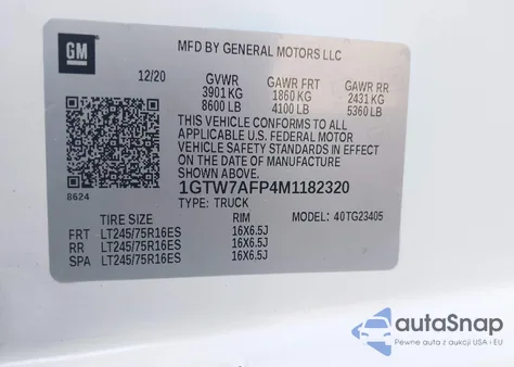 2021 GMC Savana Cargo Rwd 2500 Regular Wheelbase Work Van из США, поврежденный, VIN 1GTW7AFP4M1182320